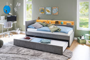 Jugendbett Uno mit Schubkasten, Regal mit LED & USB, Polsterbett in Grau – Ansicht 14