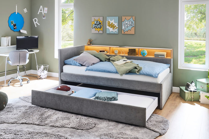 Jugendbett Uno mit Schubkasten, Regal mit LED & USB, Polsterbett in Grau – Ansicht 14