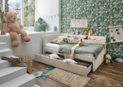 Jugendbett Uno mit Schubkasten, Regal mit LED & USB, Polsterbett in Beige – Ansicht 15