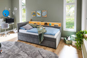 Jugendbett Uno mit Schubkasten, Regal mit LED & USB, Polsterbett in Grau – Ansicht 2