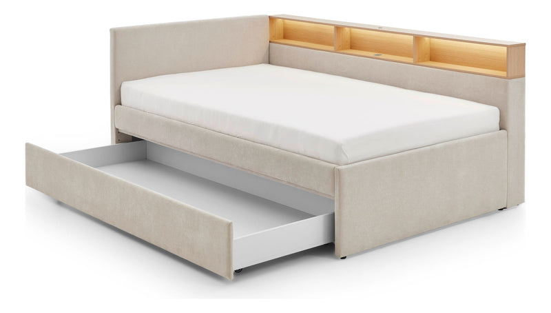 Jugendbett Uno mit Schubkasten, Regal mit LED & USB, Polsterbett in Beige – Ansicht 16