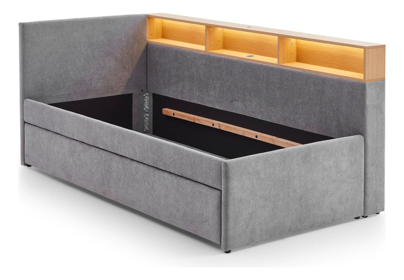 Jugendbett Uno mit Schubkasten, Regal mit LED & USB, Polsterbett in Grau – Ansicht 18