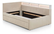 Jugendbett Uno mit Schubkasten, Regal mit LED & USB, Polsterbett in Beige – Ansicht 19