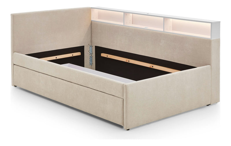 Jugendbett Uno mit Schubkasten, Regal mit LED & USB, Polsterbett in Beige – Ansicht 19