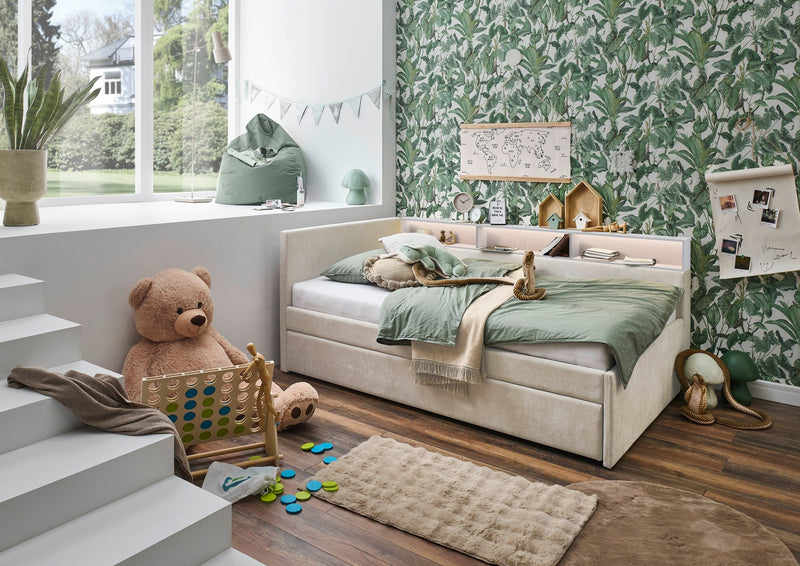 Jugendbett Uno mit Schubkasten, Regal mit LED & USB, Polsterbett in Beige – Ansicht 3