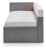 Jugendbett Uno mit Schubkasten, Regal mit LED & USB, Polsterbett in Grau – Ansicht 3