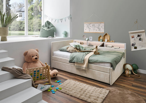 Jugendbett Uno mit Schubkasten, Regal mit LED & USB, Polsterbett in Beige – Ansicht 1