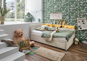 Jugendbett Uno mit Schubkasten, Regal mit LED & USB, Polsterbett in Beige – Ansicht 4