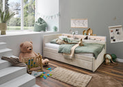 Jugendbett Uno mit Tandemliege, Regal mit LED & USB, Polsterbett in Beige – Ansicht 1