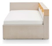 Jugendbett Uno mit Tandemliege, Regal mit LED & USB, Polsterbett in Beige – Ansicht 6