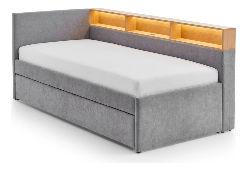 Jugendbett Uno mit Tandemliege, Regal mit LED & USB, Polsterbett in Grau – Ansicht 6