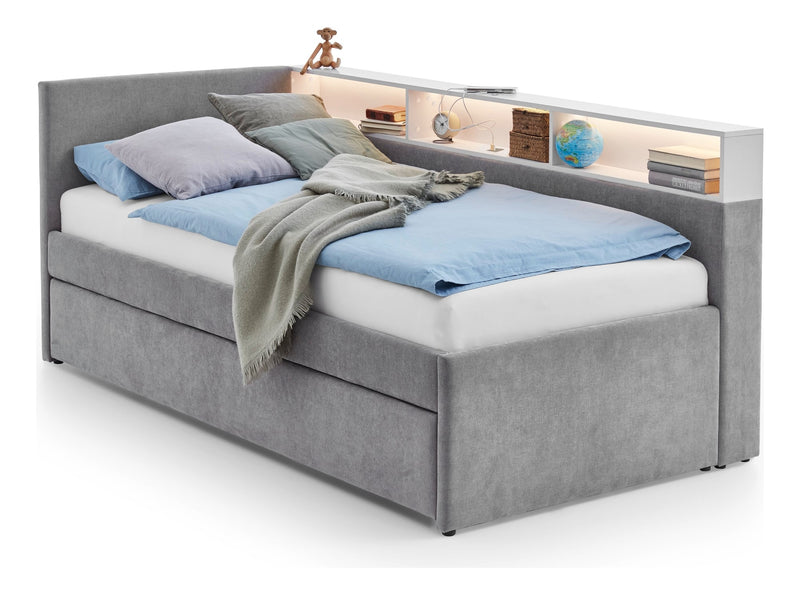 Jugendbett Uno mit Tandemliege, Regal mit LED & USB, Polsterbett in Grau – Ansicht 7