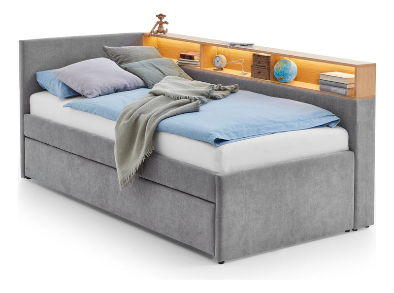 Jugendbett Uno mit Tandemliege, Regal mit LED & USB, Polsterbett in Grau – Ansicht 8