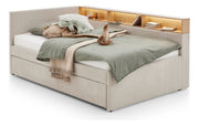 Jugendbett Uno mit Tandemliege, Regal mit LED & USB, Polsterbett in Beige – Ansicht 10