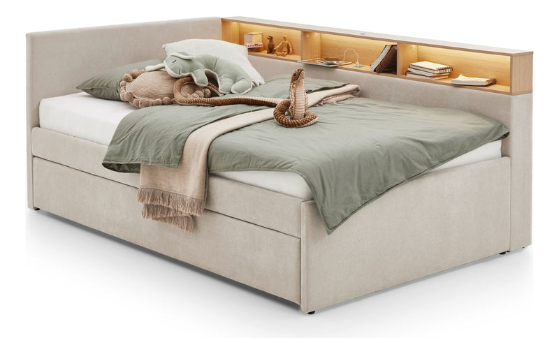 Jugendbett Uno mit Tandemliege, Regal mit LED & USB, Polsterbett in Beige – Ansicht 10