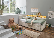 Jugendbett Uno mit Tandemliege, Regal mit LED & USB, Polsterbett in Beige – Ansicht 2