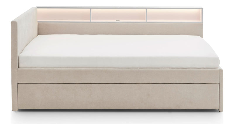 Jugendbett Uno mit Tandemliege, Regal mit LED & USB, Polsterbett in Beige – Ansicht 11