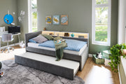 Jugendbett Uno mit Tandemliege, Regal mit LED & USB, Polsterbett in Grau – Ansicht 11