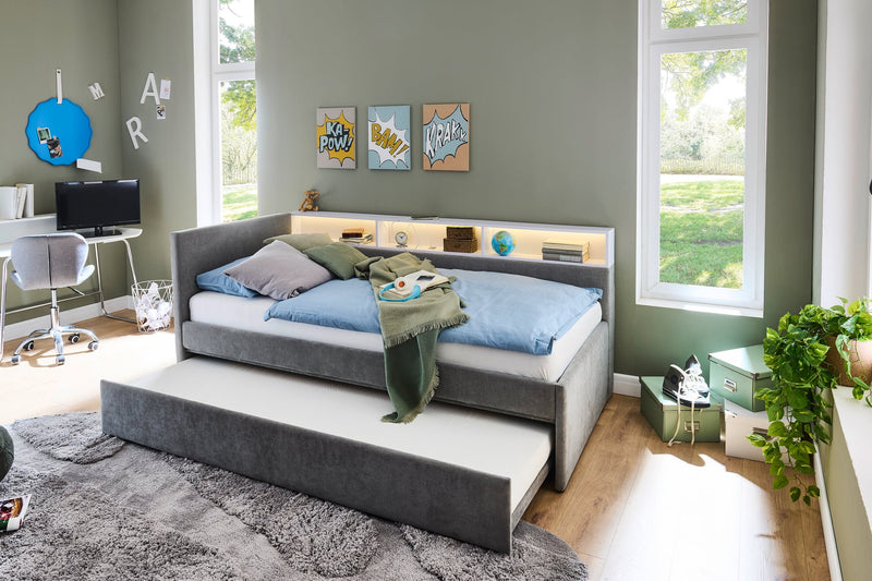 Jugendbett Uno mit Tandemliege, Regal mit LED & USB, Polsterbett in Grau – Ansicht 11