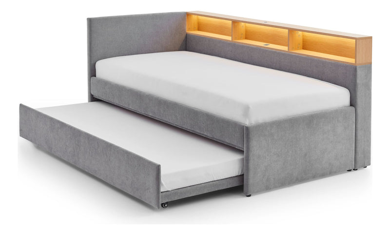 Jugendbett Uno mit Tandemliege, Regal mit LED & USB, Polsterbett in Grau – Ansicht 12