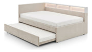 Jugendbett Uno mit Tandemliege, Regal mit LED & USB, Polsterbett in Beige – Ansicht 13