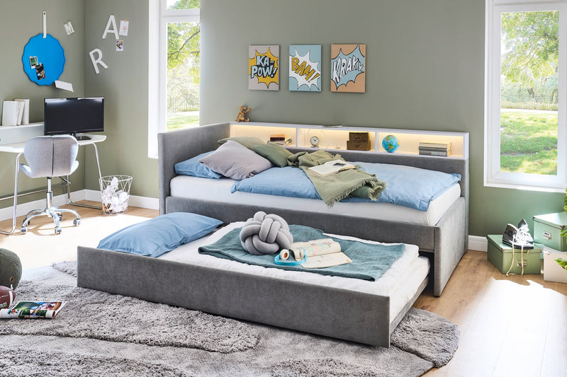 Jugendbett Uno mit Tandemliege, Regal mit LED & USB, Polsterbett in Grau – Ansicht 13
