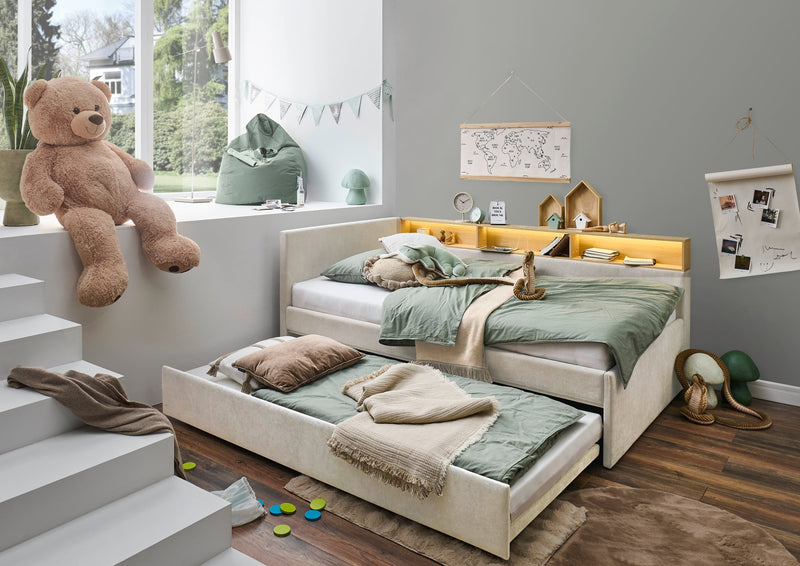 Jugendbett Uno mit Tandemliege, Regal mit LED & USB, Polsterbett in Beige – Ansicht 14