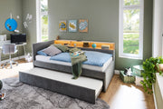 Jugendbett Uno mit Tandemliege, Regal mit LED & USB, Polsterbett in Grau – Ansicht 14
