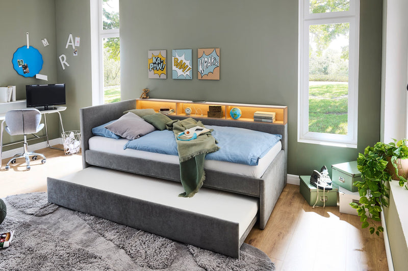Jugendbett Uno mit Tandemliege, Regal mit LED & USB, Polsterbett in Grau – Ansicht 14