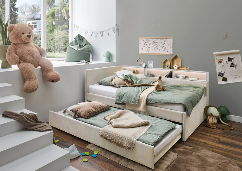 Jugendbett Uno mit Tandemliege, Regal mit LED & USB, Polsterbett in Beige – Ansicht 15