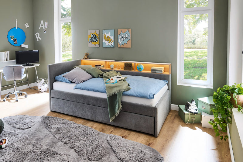 Jugendbett Uno mit Tandemliege, Regal mit LED & USB, Polsterbett in Grau – Ansicht 2
