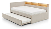 Jugendbett Uno mit Tandemliege, Regal mit LED & USB, Polsterbett in Beige – Ansicht 16