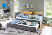 Jugendbett Uno mit Tandemliege, Regal mit LED & USB, Polsterbett in Grau – Ansicht 16