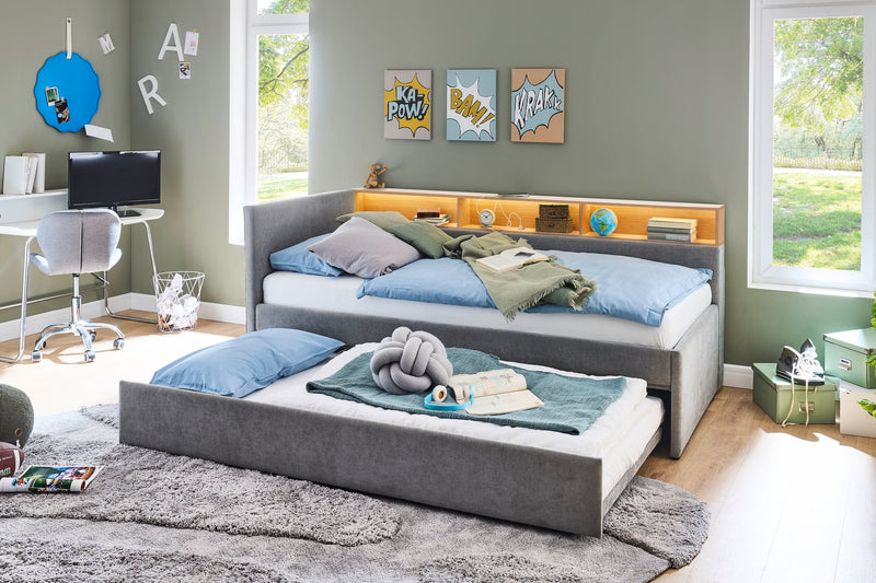 Jugendbett Uno mit Tandemliege, Regal mit LED & USB, Polsterbett in Grau – Ansicht 16