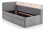 Jugendbett Uno mit Tandemliege, Regal mit LED & USB, Polsterbett in Grau – Ansicht 19