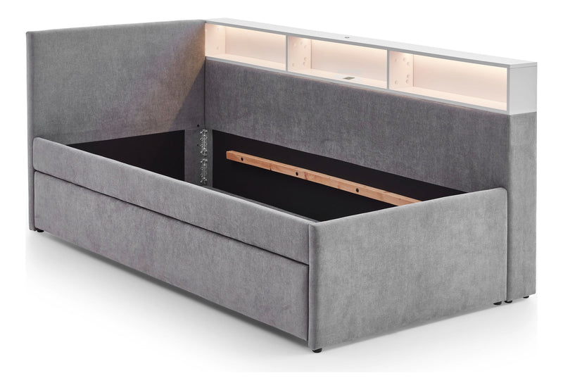 Jugendbett Uno mit Tandemliege, Regal mit LED & USB, Polsterbett in Grau – Ansicht 19