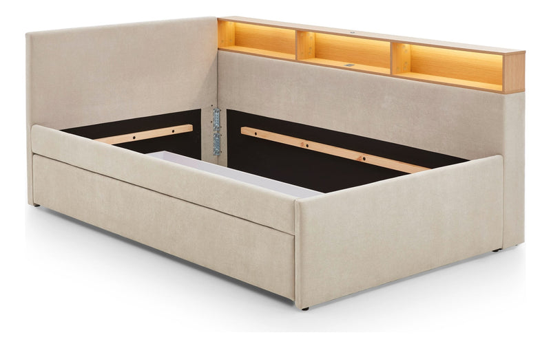 Jugendbett Uno mit Tandemliege, Regal mit LED & USB, Polsterbett in Beige – Ansicht 20