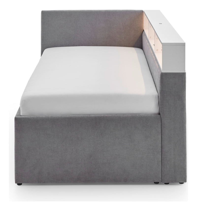 Jugendbett Uno mit Tandemliege, Regal mit LED & USB, Polsterbett in Grau – Ansicht 3
