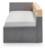 Jugendbett Uno mit Tandemliege, Regal mit LED & USB, Polsterbett in Grau – Ansicht 4