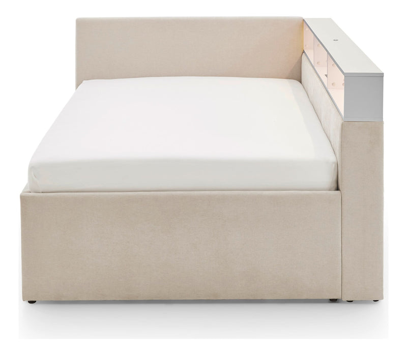 Jugendbett Uno mit Tandemliege, Regal mit LED & USB, Polsterbett in Beige – Ansicht 5