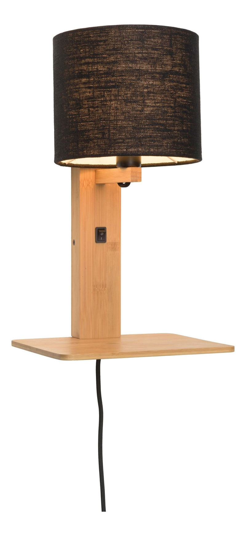 Wandleuchte Andes Bambus mit schwarzem Leinenschirm, Bambusgestell und integrierter Ablage an Wand montiert.