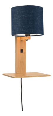 Good&Mojo Wandleuchte Andes Bambus mit Leinenschirm in Jeansblau, Bambusgestell mit Ablageboard und Schalter.