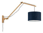 Gesamtansicht der Wandleuchte Andes von Good&Mojo mit Bambusarm und rundem jeansblauem Leinenschirm