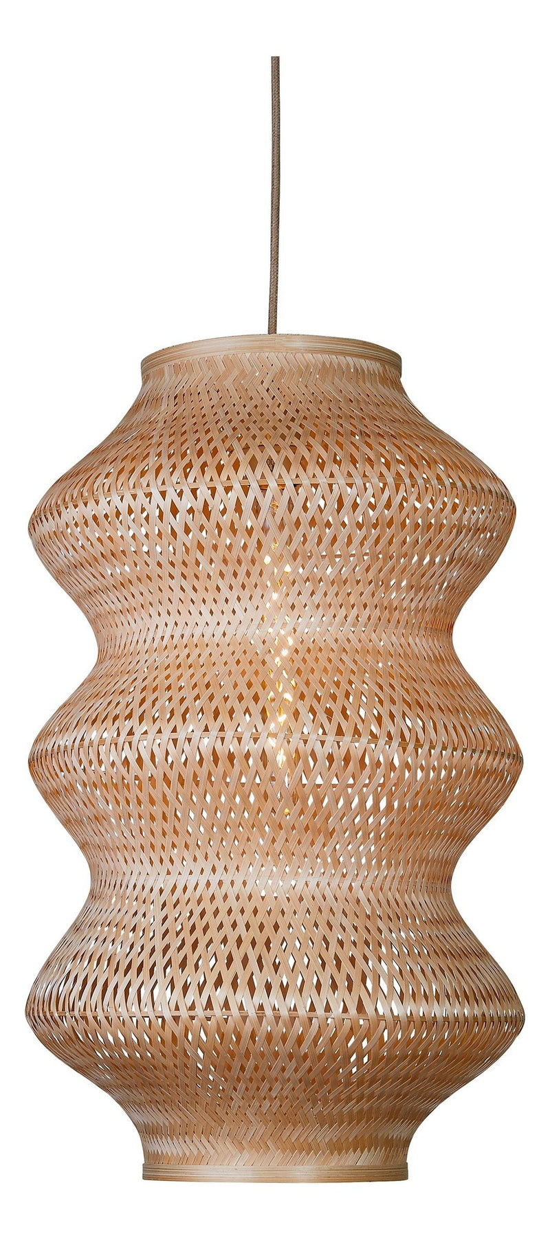 Gewebte Hängeleuchte Barbados XL aus Naturbambus mit geschwungenem Schirm, von vorn fotografiert.