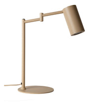 RoMi Tischleuchte Bilbao in Beige: Gesamtansicht mit schlankem Standfuß, gelenkigem Arm und zylindrischem Schirm.