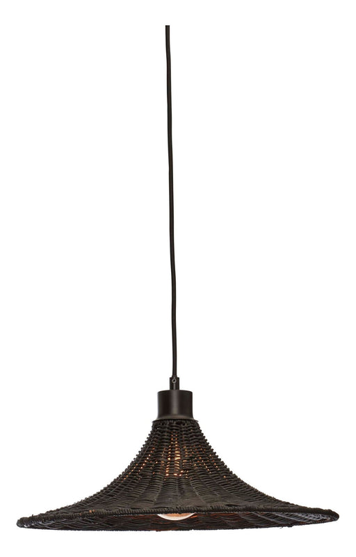 Schwarze Hängeleuchte Borabora von Good&Mojo mit geflochtenem Rattanschirm in Glockenform und schwarzem Eisenstück am Kabel.