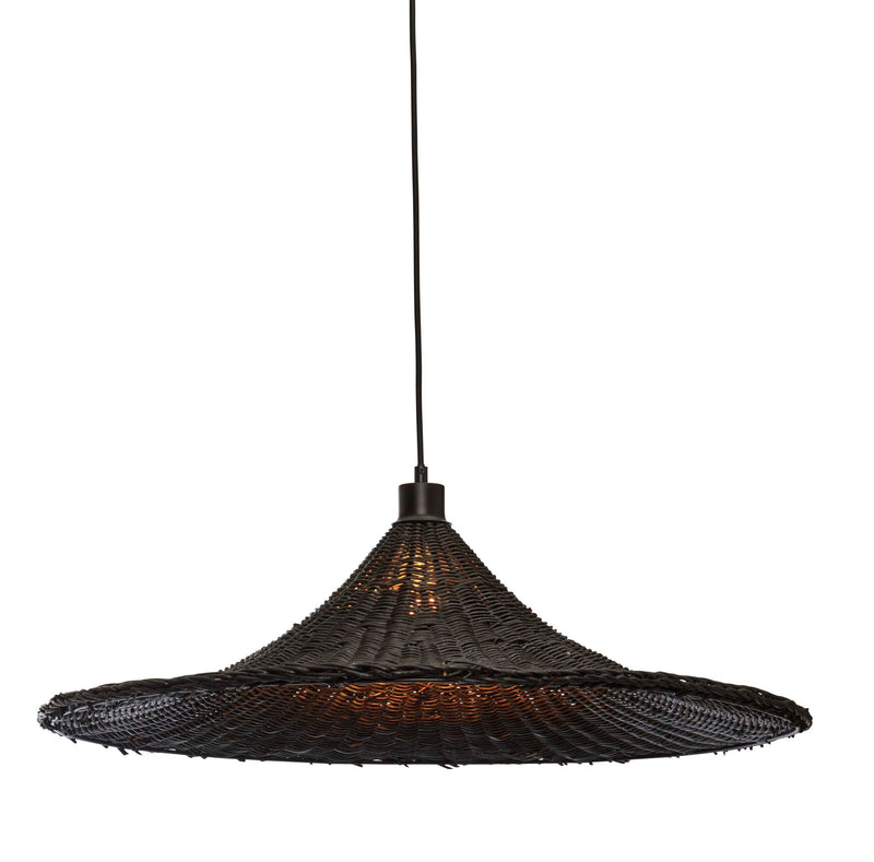 Schwarze Hängeleuchte Borabora von Good&Mojo mit geflochtenem Rattanschirm in Glockenform und sichtbarer Glühbirne.