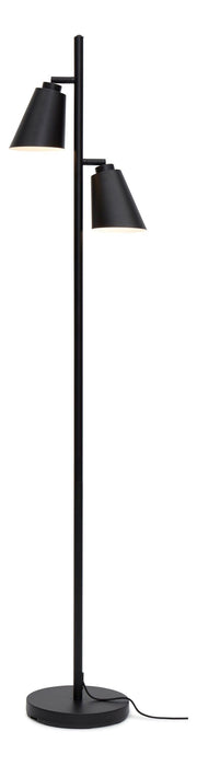 Die Stehleuchte RoMi Bremen in Schwarz: schlanke Standleuchte mit zwei verstellbaren Schirmen aus Eisen auf rundem Fuß.