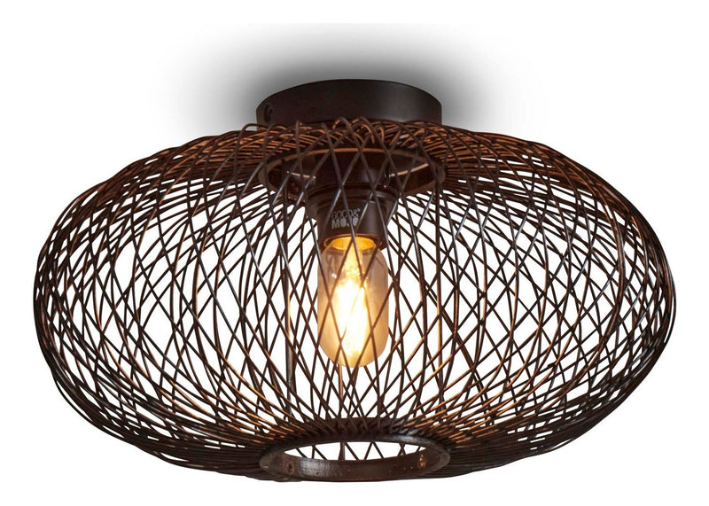 Deckenleuchte Cango in Schwarz mit kugelförmigem Drahtgeflecht-Schirm und sichtbar brennender Glühlampe im Inneren.