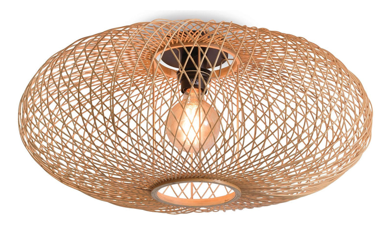 Deckenleuchte Cango von Good&Mojo aus Bambus mit geflochtenem, ovalem Geflecht und eingeschalteter Glühlampe im Inneren.